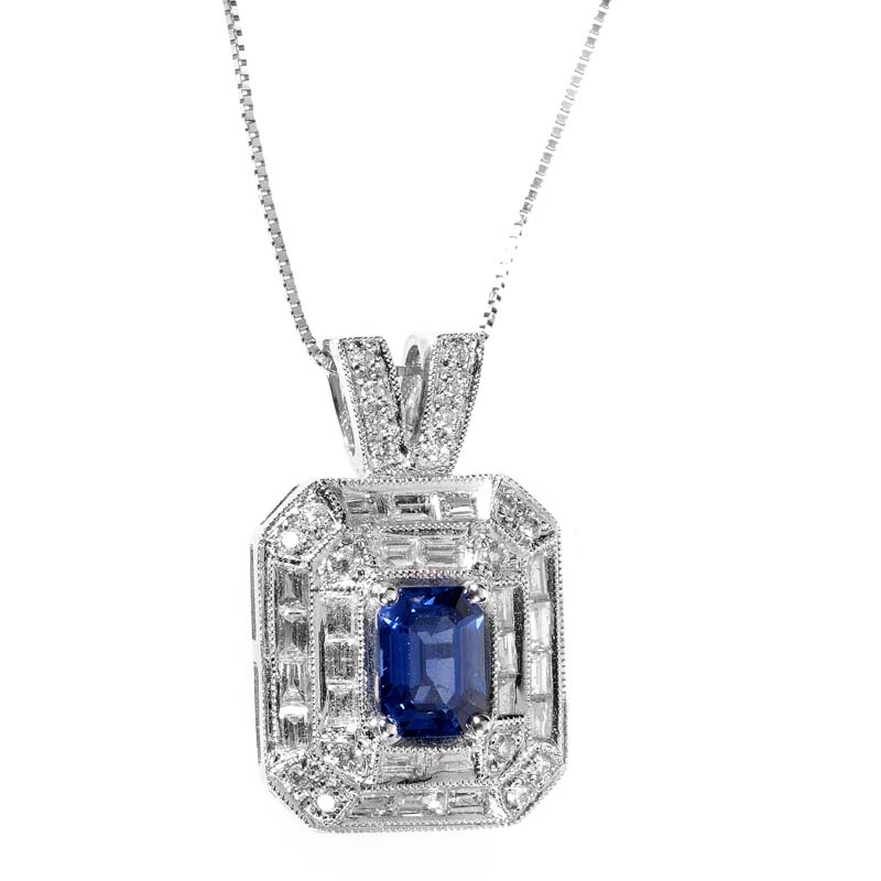 14K White Gold Rectangular Sapphire  Diamond Pendant Necklace 399PNS ...