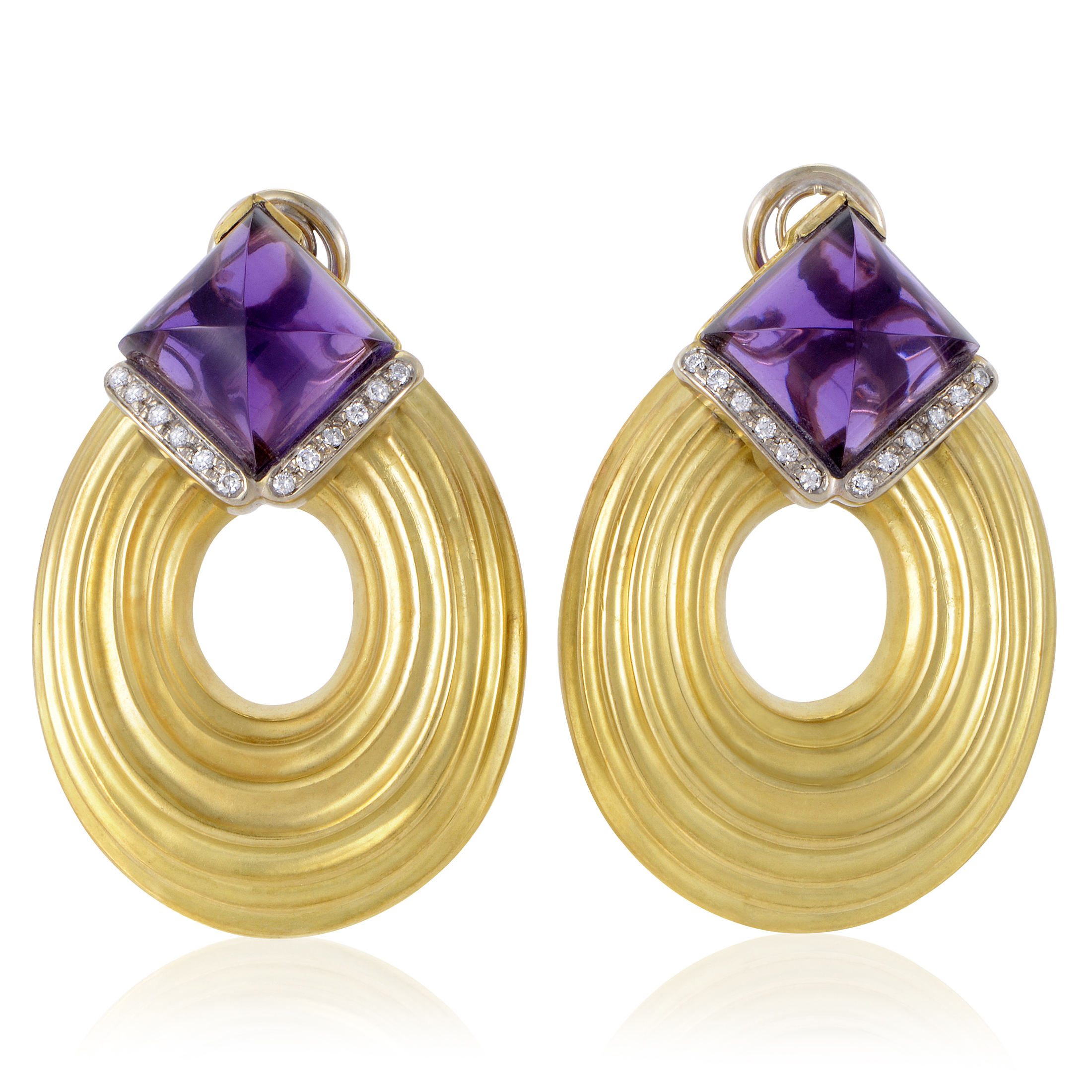 Estate Womens 18K Yellow and White Gold Diamond and Amethyst Earrings