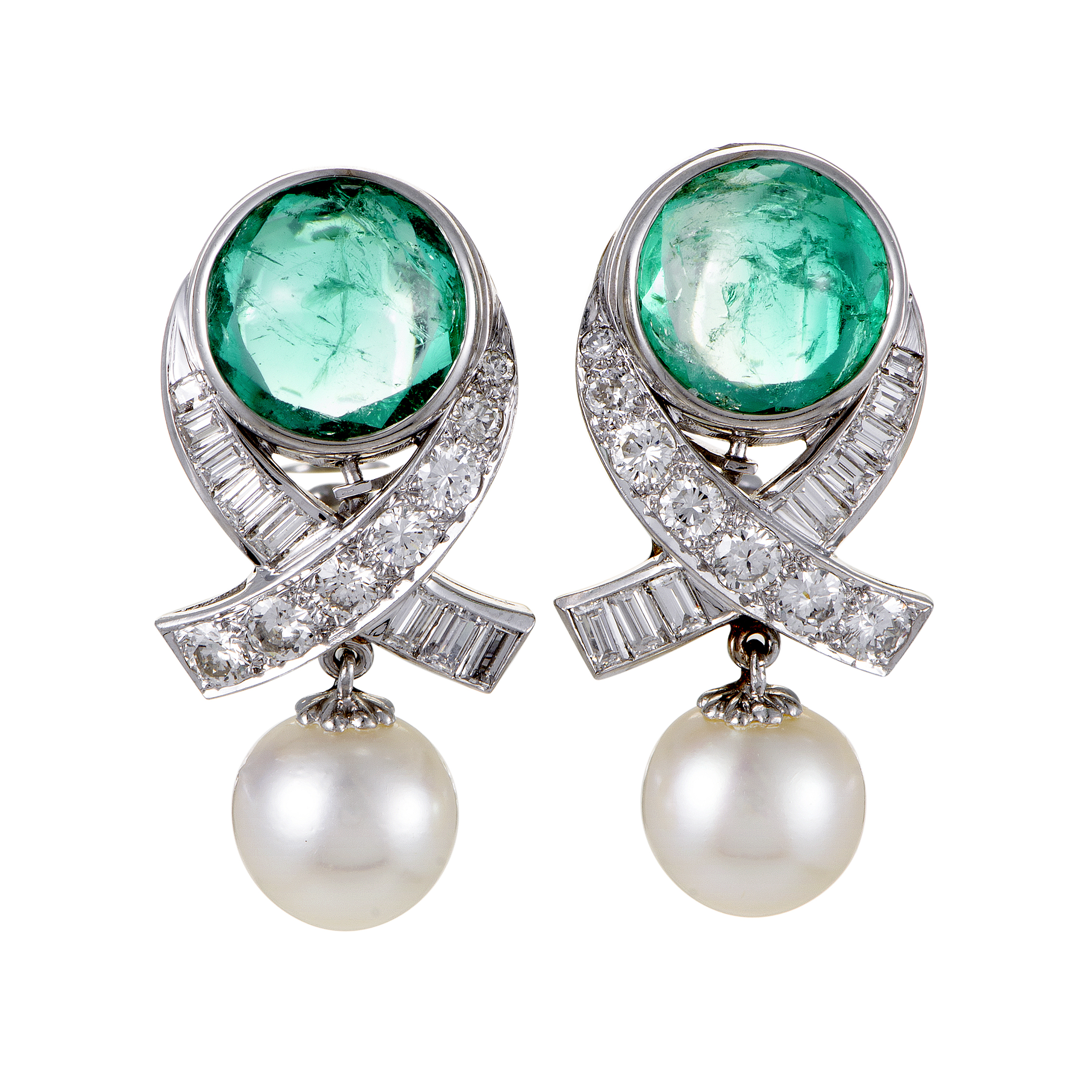 Womens Platinum Diamond and Pearl Emerald Drop Clipon Earrings eBay