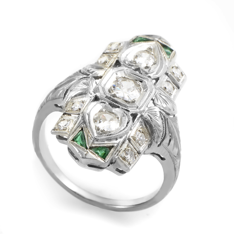 Home Jewelry Estate Antique Art Deco 18K White Gold Emerald  Diamond ...
