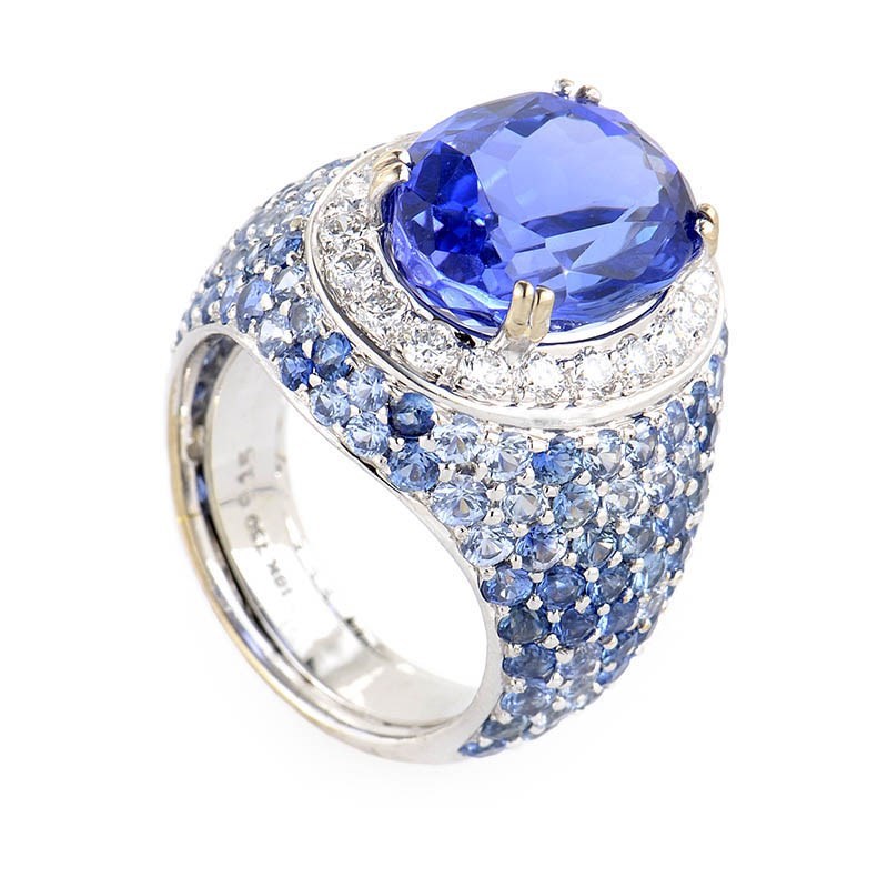 Home Jewelry Rings 18K White Gold Diamond  Blue Gemstone Ring