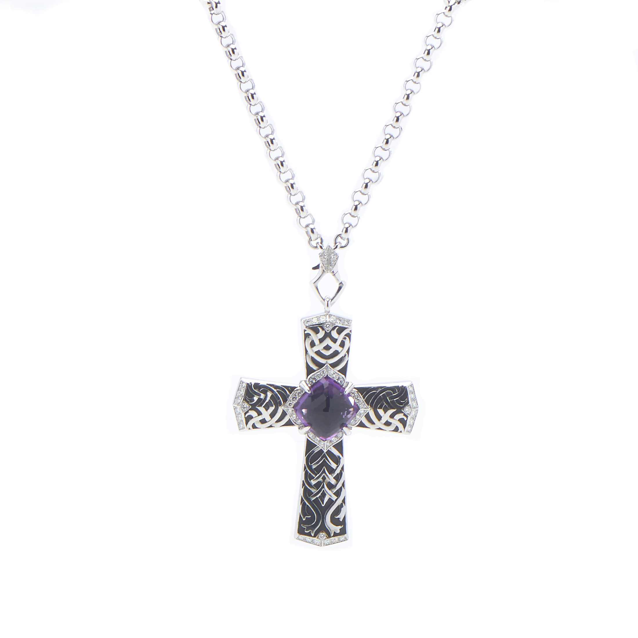 Magerit Womens 18k White Gold Diamond And Gemstone Gothic Cross Pendant Necklace 9402