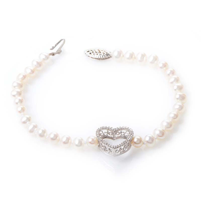 Details about 14K White Gold Diamond  Pearl Heart Bracelet