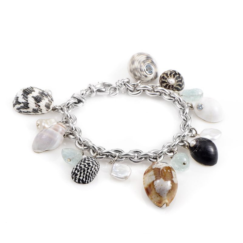 ... Jewelry Estate Trianon 18K White Gold Gemstone Seashell Charm Bracelet