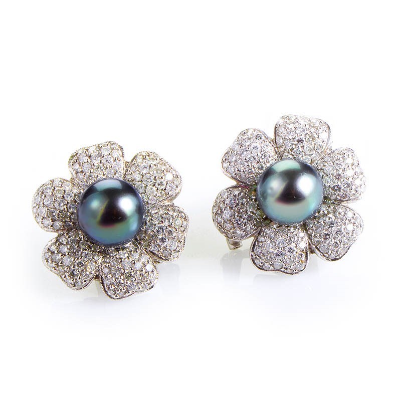 Details about 18K White Gold Black Pearl  Diamond Flower Earrings LBE