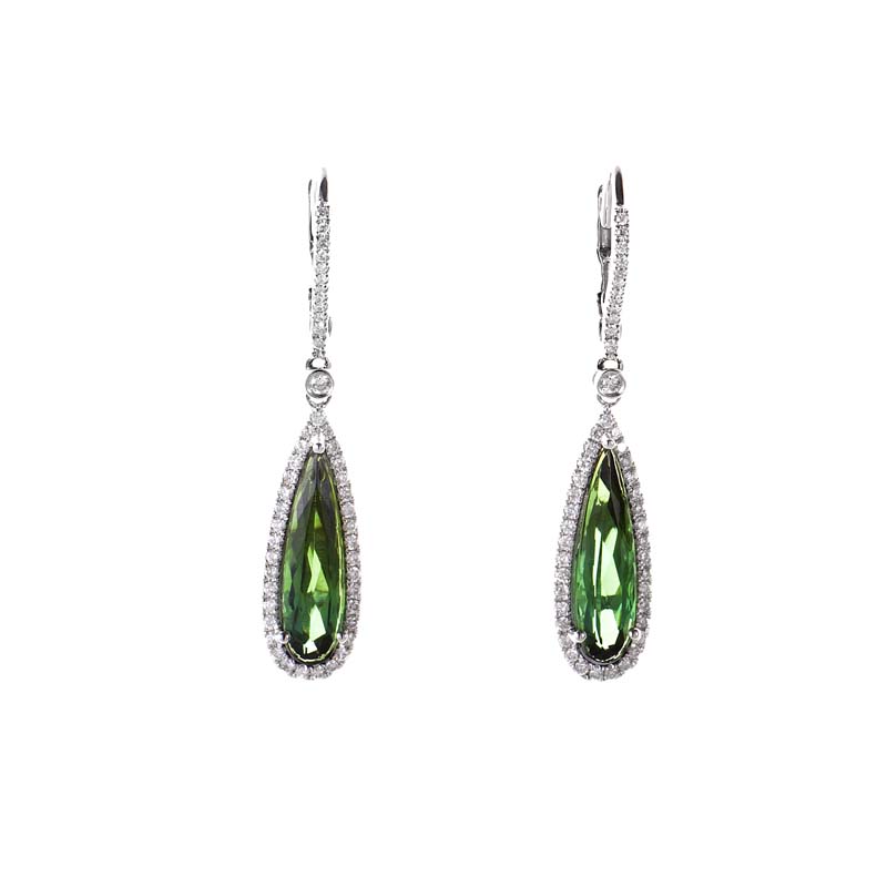 Home Jewelry Earrings 18K White Gold Green Tourmaline  Diamond Drop ...